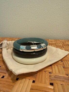 Tory Burch Teal, Olive & Cream Resin Bangle Stack with Silver Accent